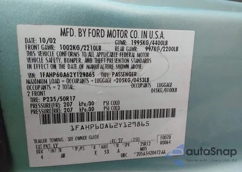 2002 Ford Thunderbird из США, поврежденный, VIN 1FAHP60A62Y129865